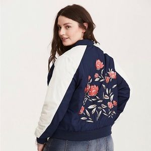 Torrid EMBROIDERED SATIN BOMBER JACKET